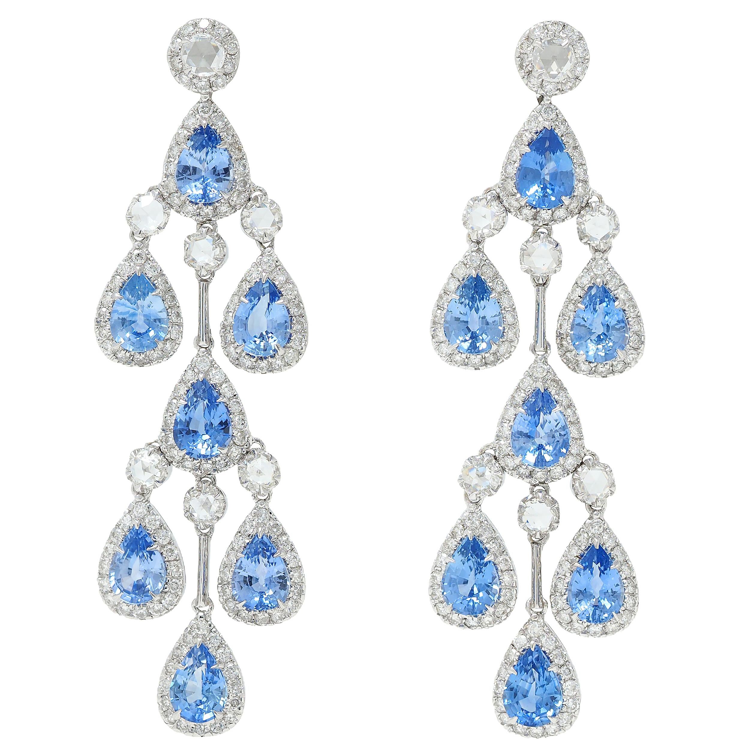 Contemporary 17.72 CTW Blue Sapphire Diamond 18K Gold Chandelier Drop Earrings