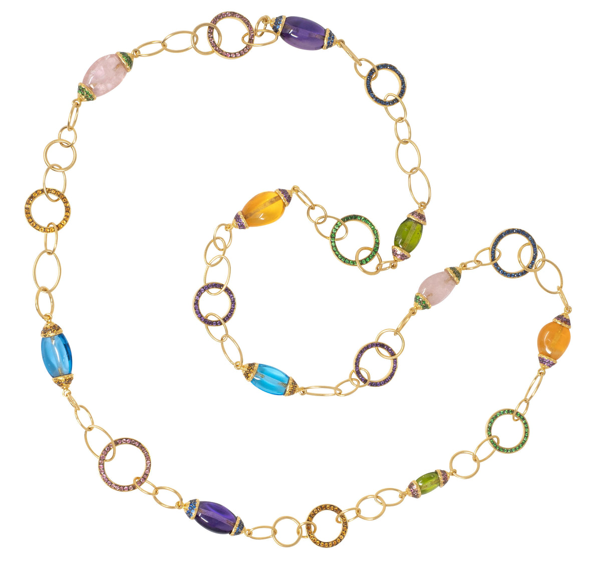 2000's Multi-Gem 18 Karat Yellow Gold Contemporary Beaded Long Station Necklace