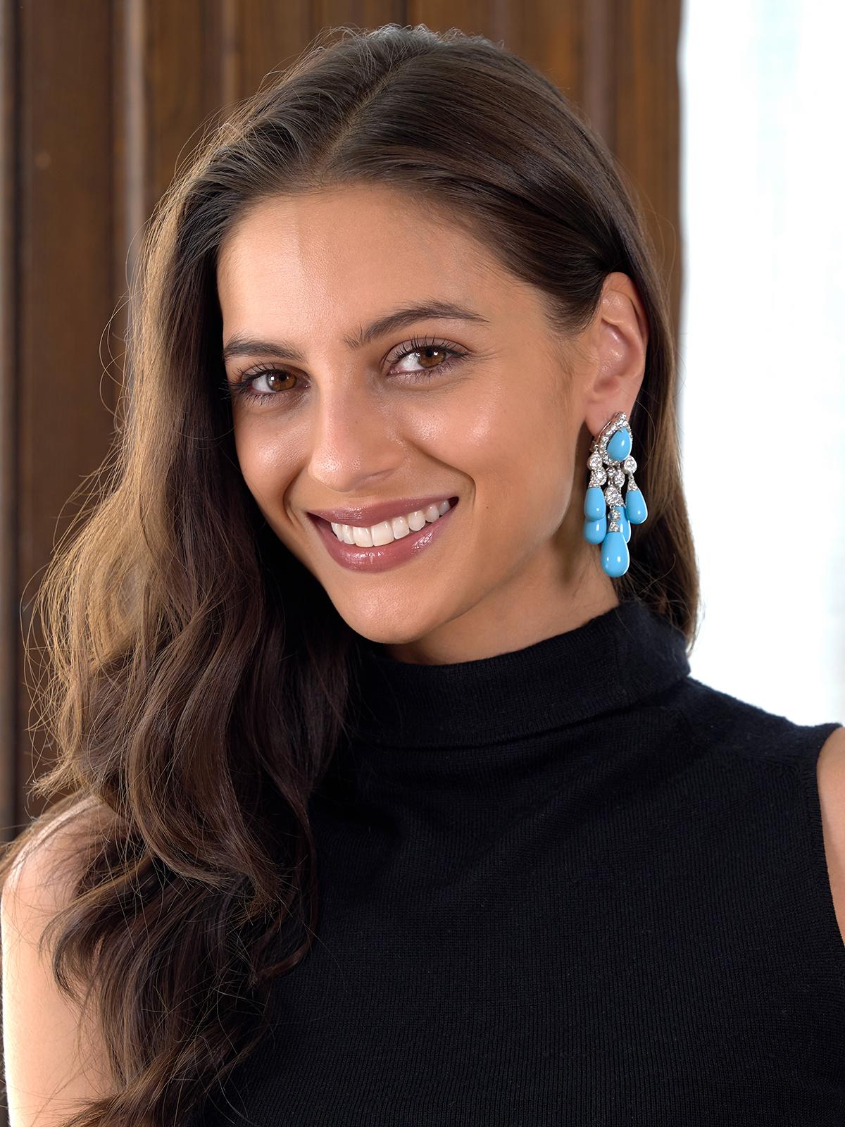 2010's Turquoise Diamond 18K Gold Contemporary Chandelier Ear-Clip Earrings