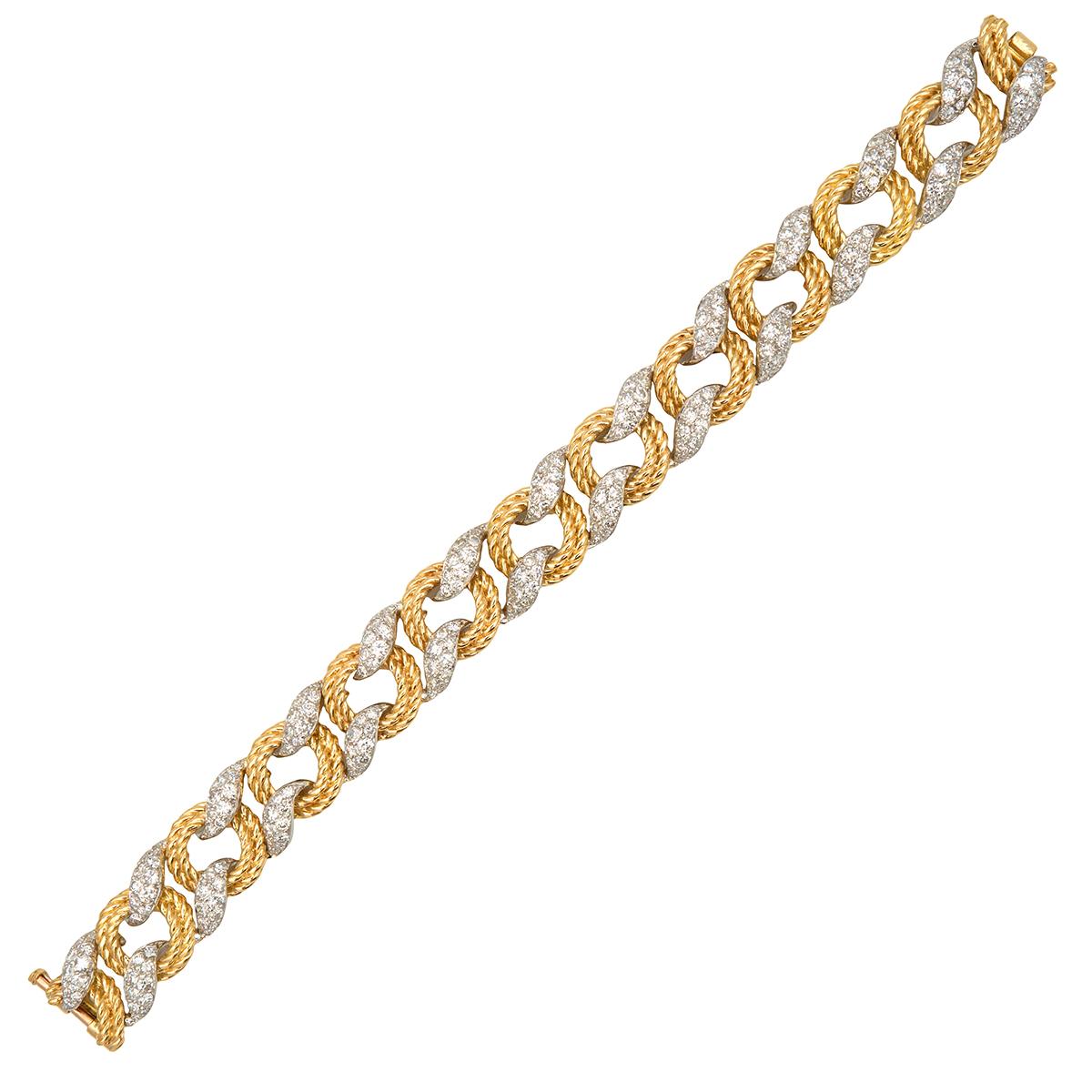 Mauboussin Paris 1950's Diamond 18K Gold Platinum Vintage Twist Link Bracelet