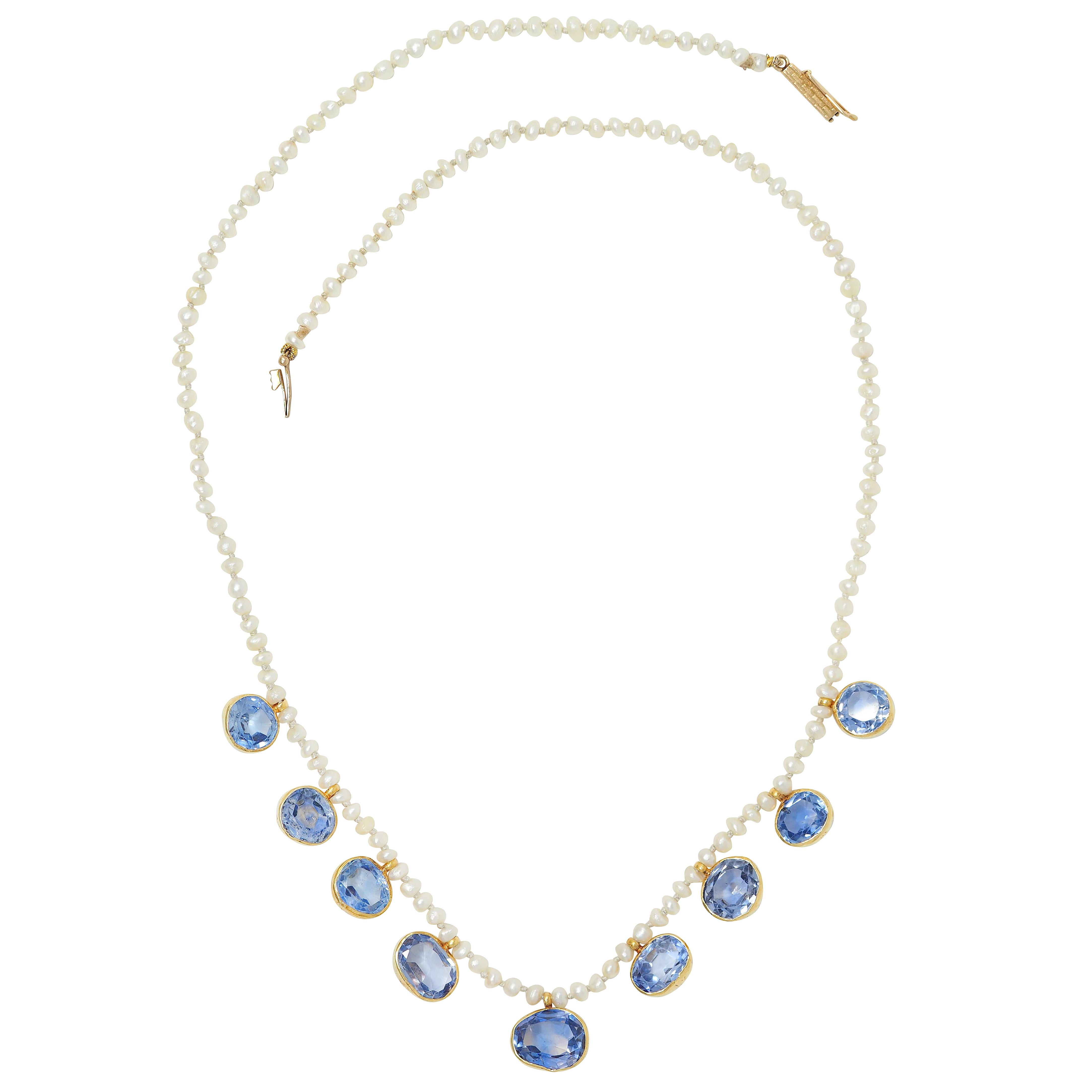 Antique 19.09 CTW Sapphire Seed Pearl 20K Yellow Gold Beaded Fringe Necklace