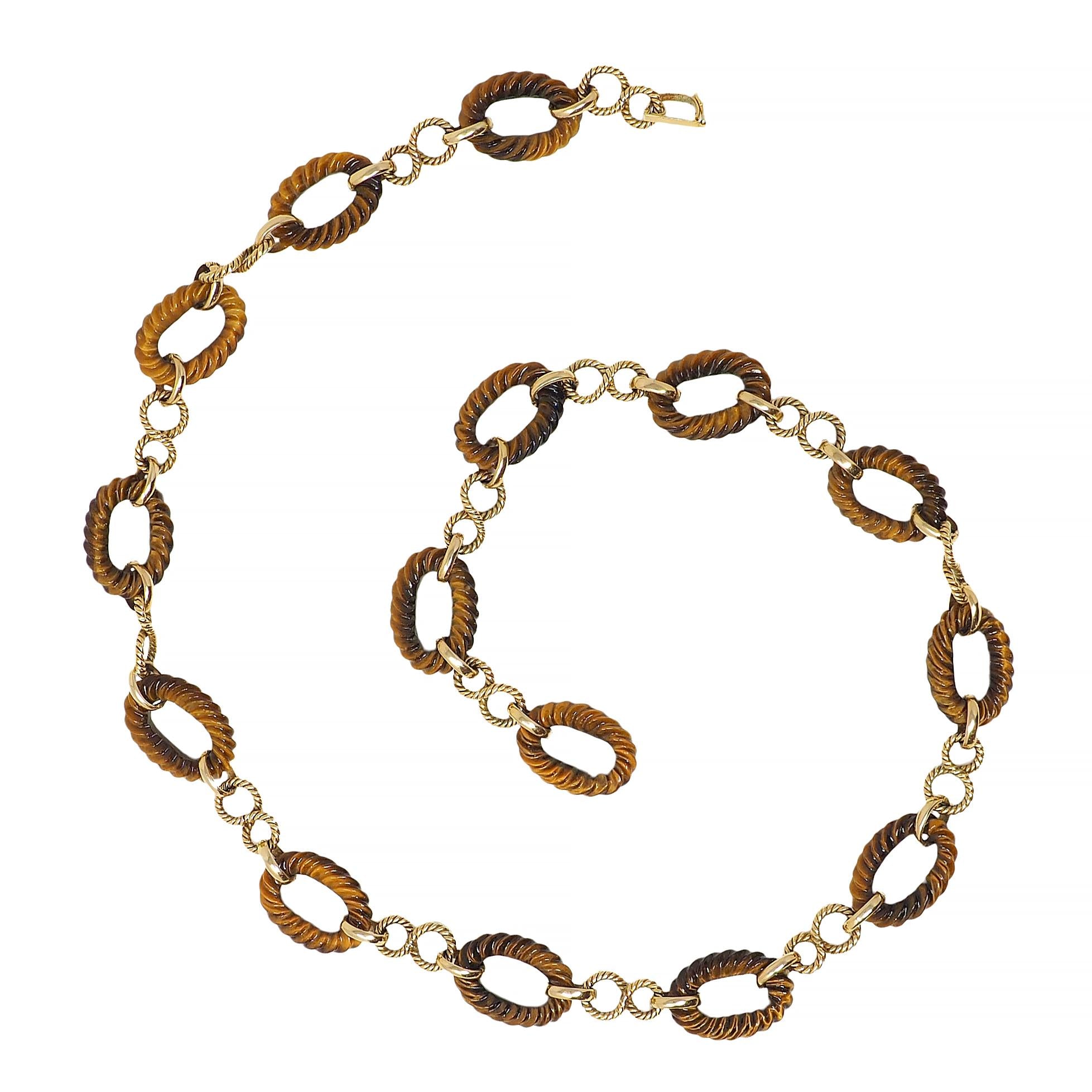 1960's Tiger's Eye 14 Karat Yellow Gold Vintage Twisted Rope Link Chain Necklace