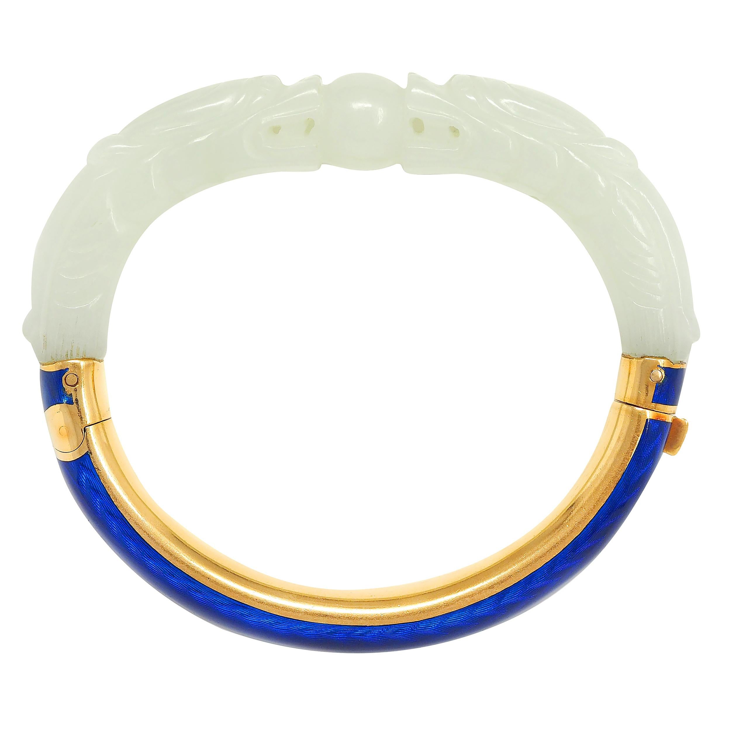 Vintage Jade Blue Enamel 18 Karat Yellow Gold Two Dragons Cuff Bracelet