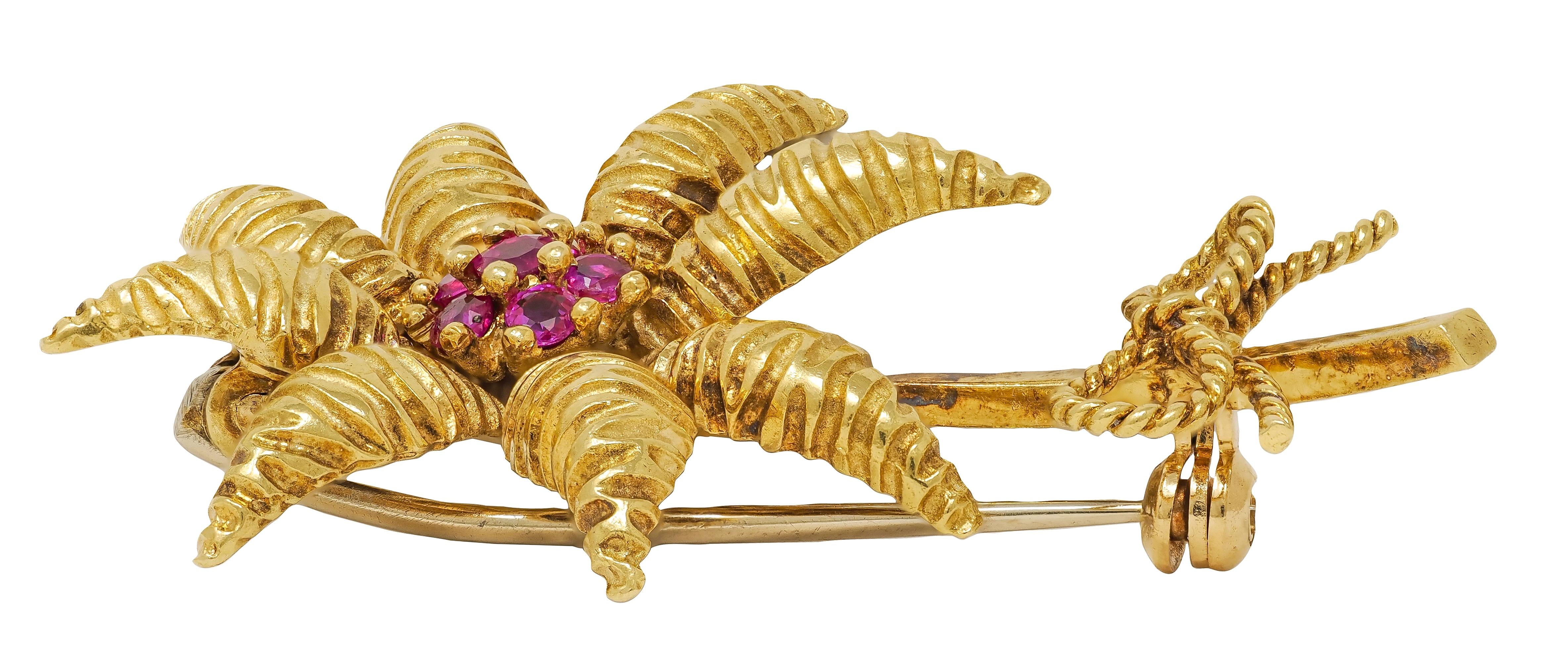 Tiffany & Co. 1970's 0.86 CTW Ruby 18 Karat Yellow Gold Vintage Flower Brooch
