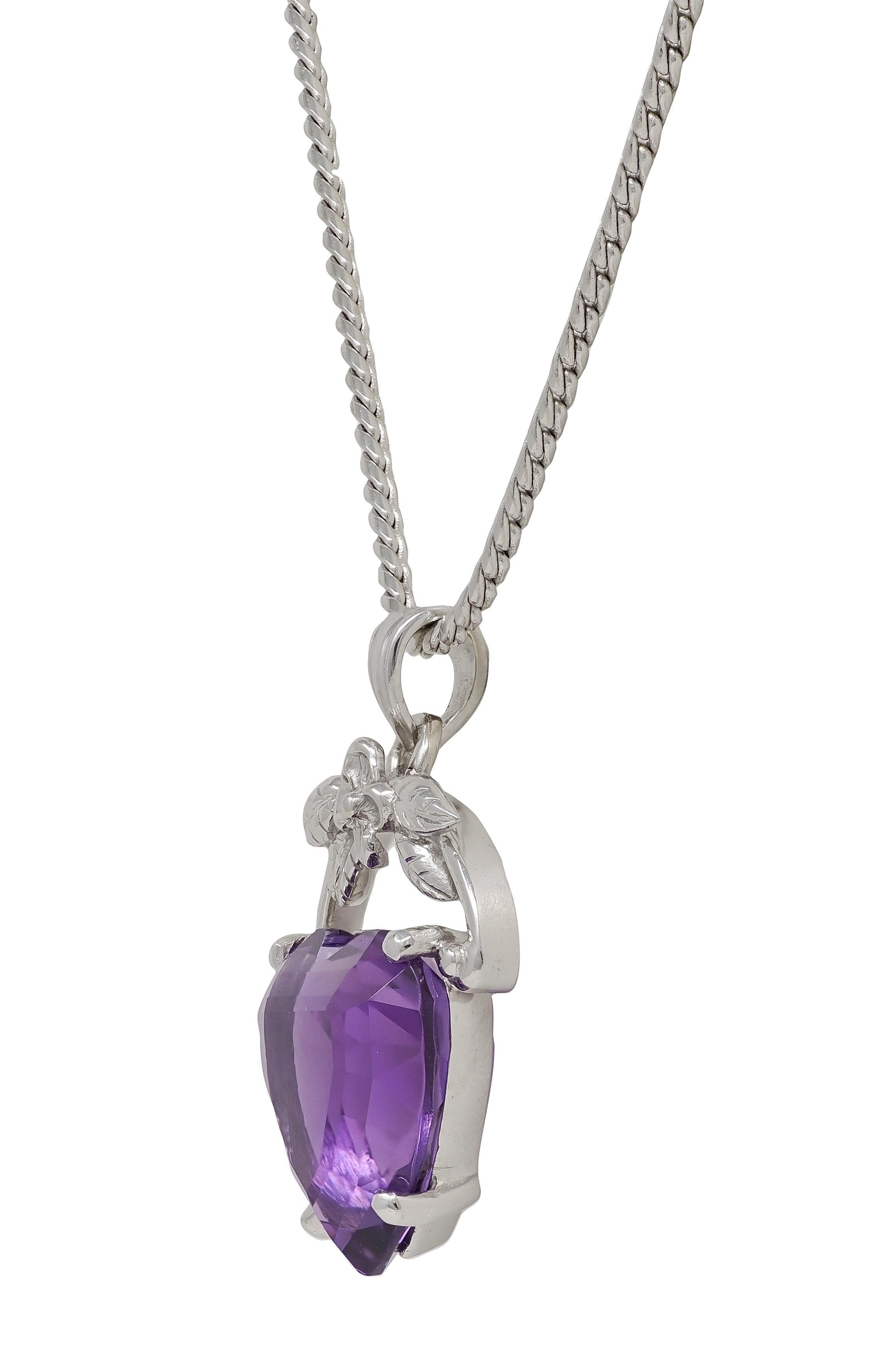 1950's Amethyst 14 Karat White Gold Vintage Floral Heart Pendant Necklace