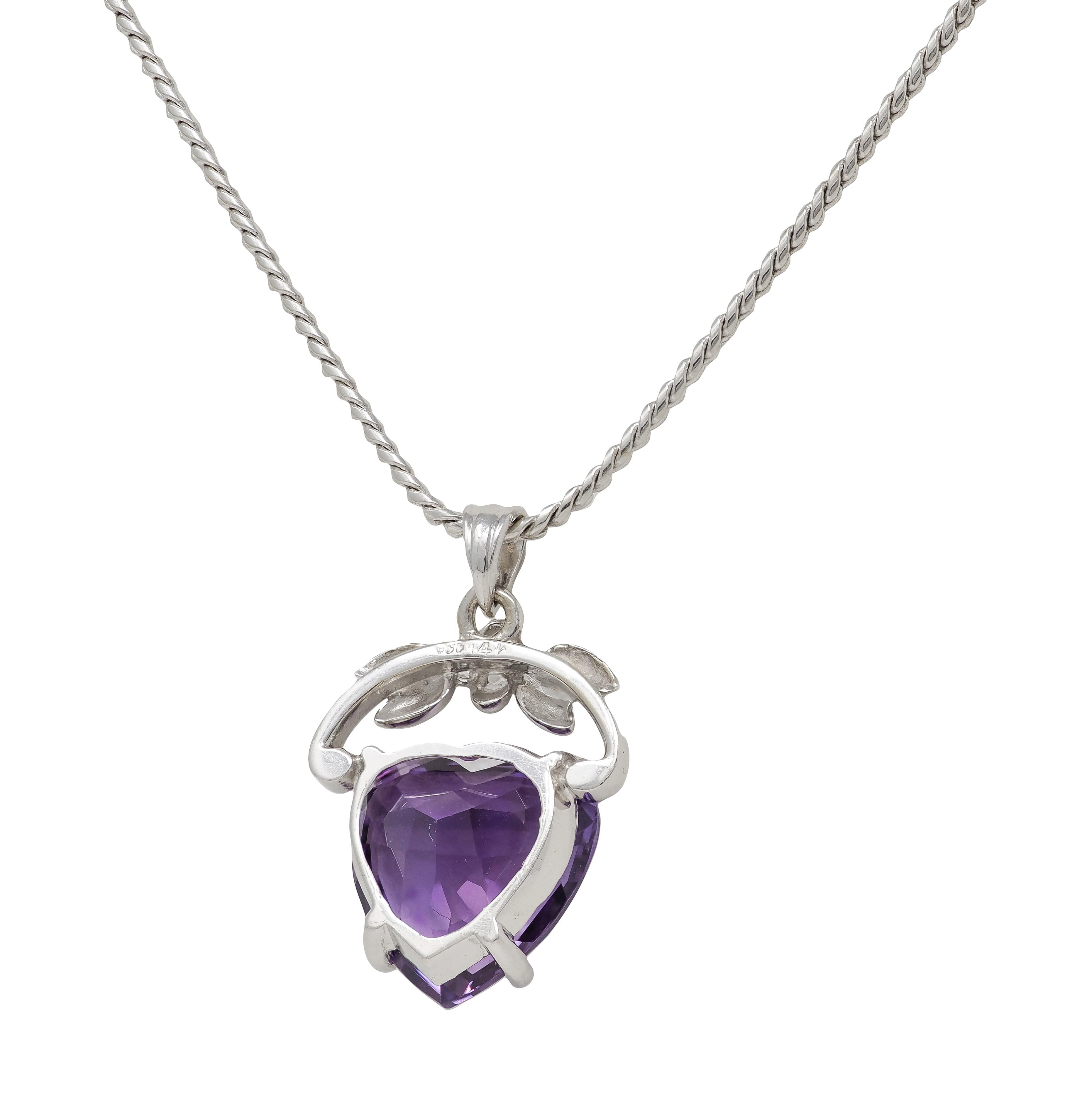 1950's Amethyst 14 Karat White Gold Vintage Floral Heart Pendant Necklace