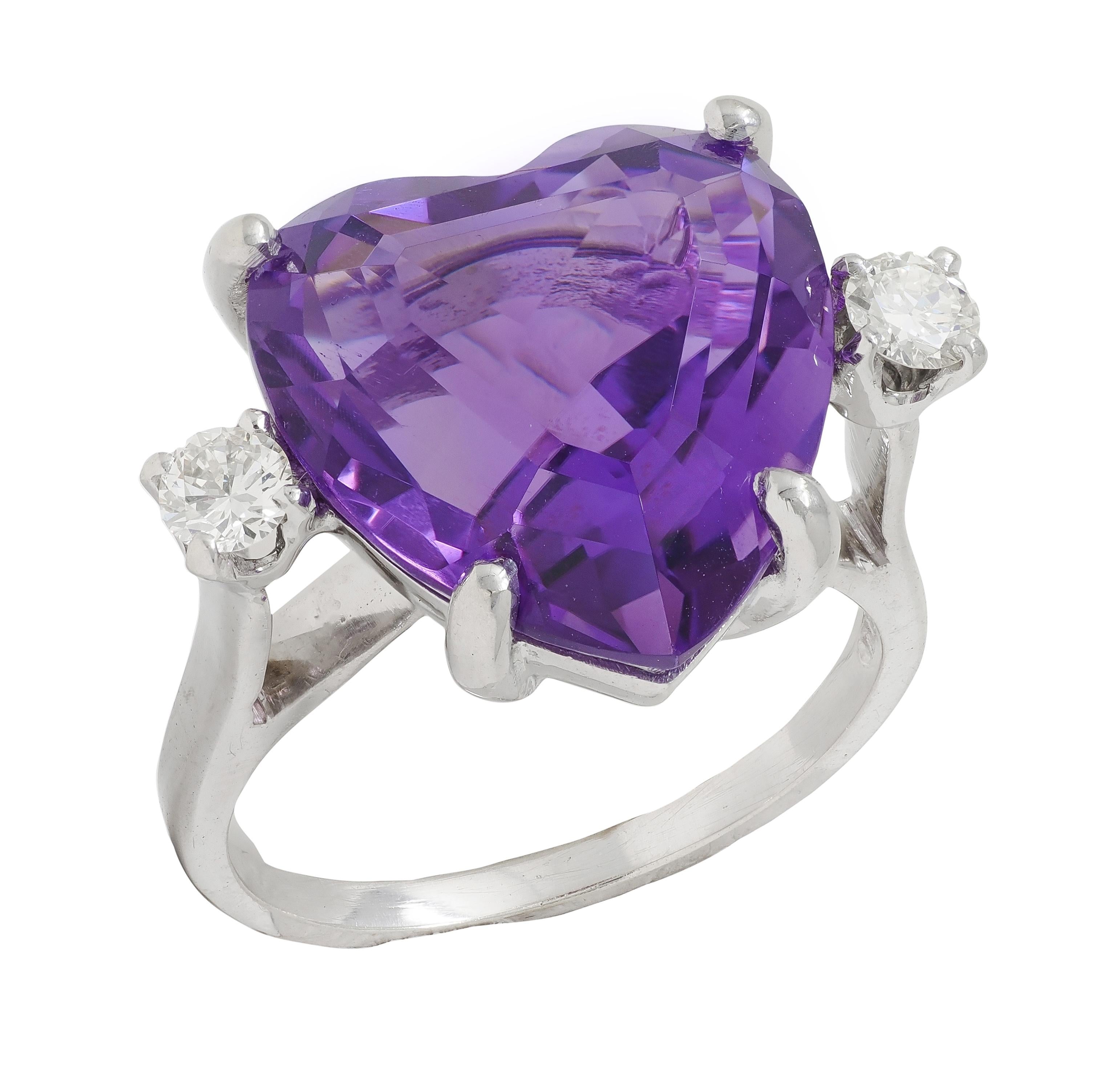 Felger Inc. 1940's Amethyst Diamond 14 Karat White Gold Vintage Heart Ring