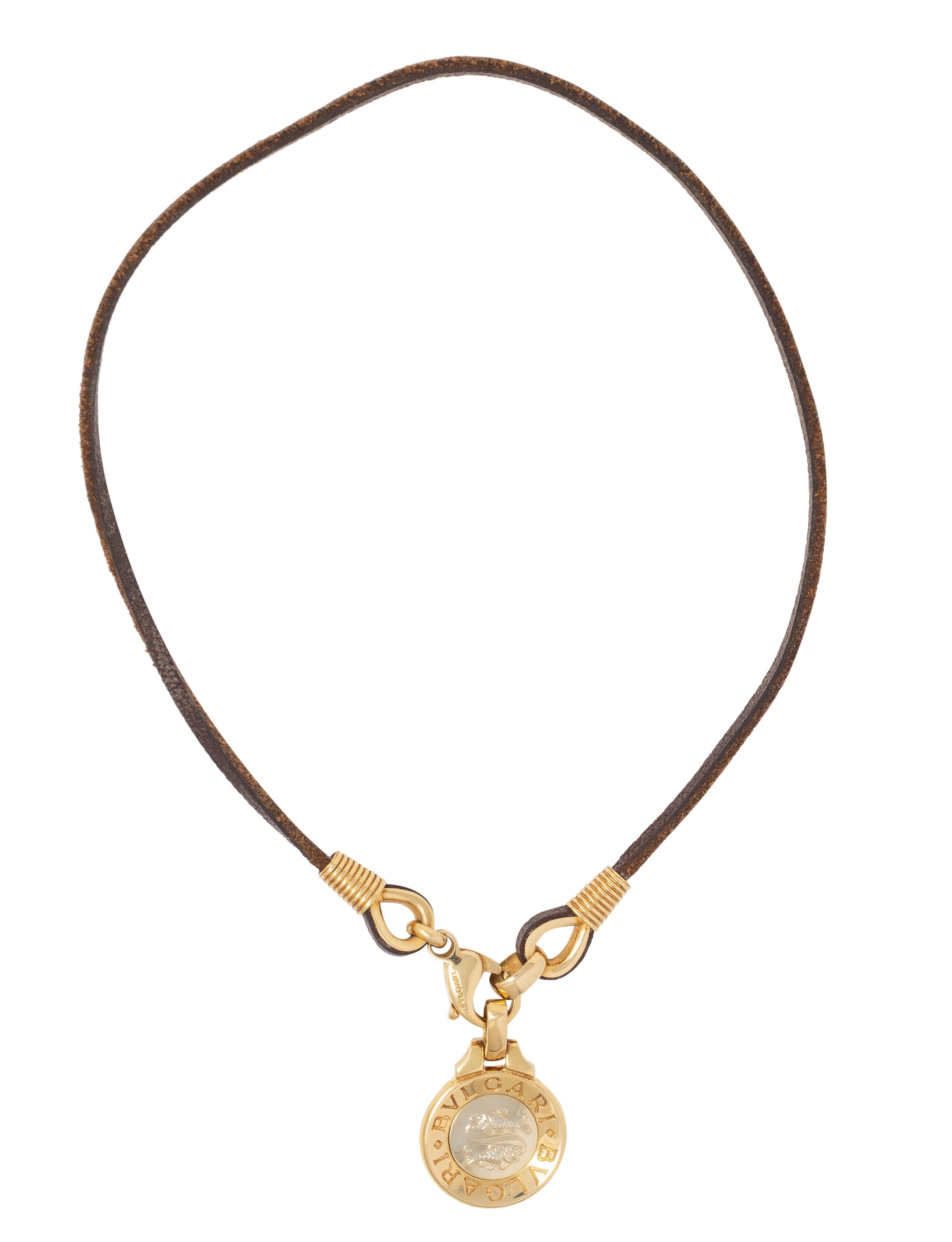 Bulgari 18K Yellow White Gold Pisces Zodiac Vintage Leather Pendant Necklace