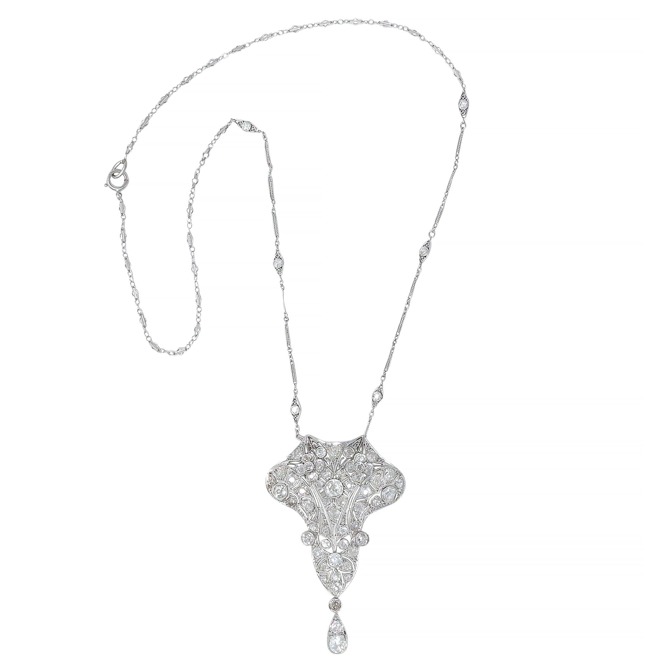 Art Deco 6.40 CTW Diamond Platinum Vintage Floral Lavalier Pendant Necklace