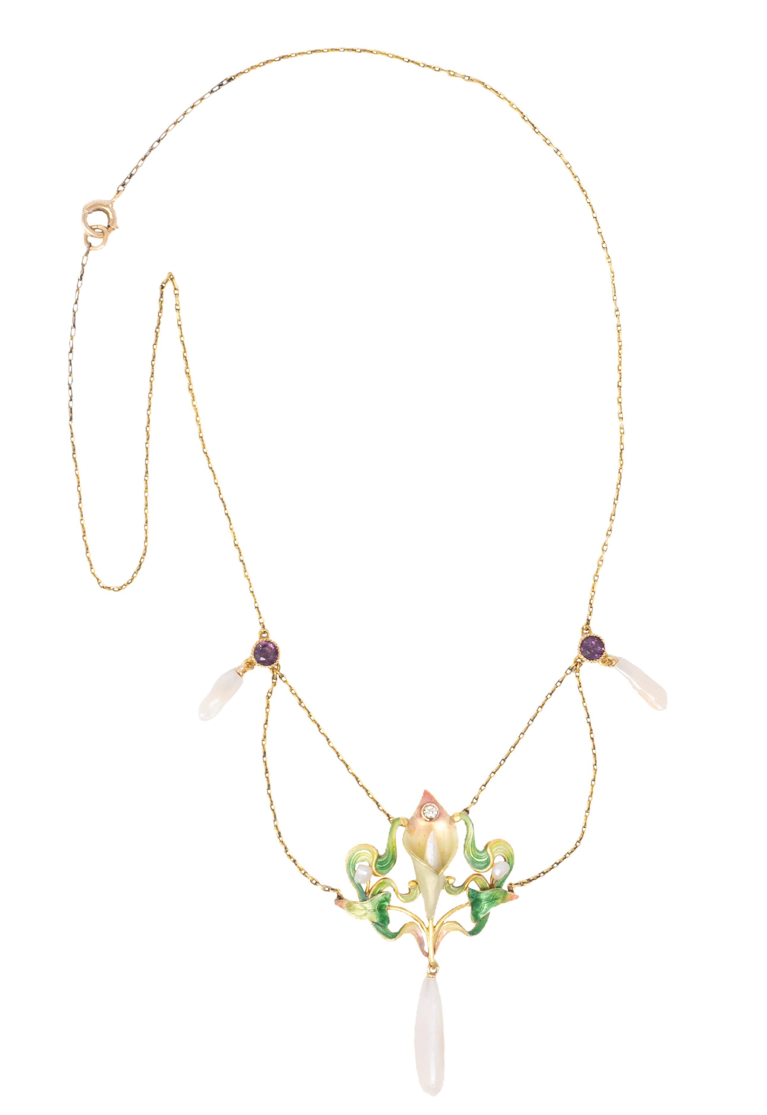 Art Nouveau Diamond Amethyst Pearl 14K Gold Antique Swagged Calla Lily Necklace