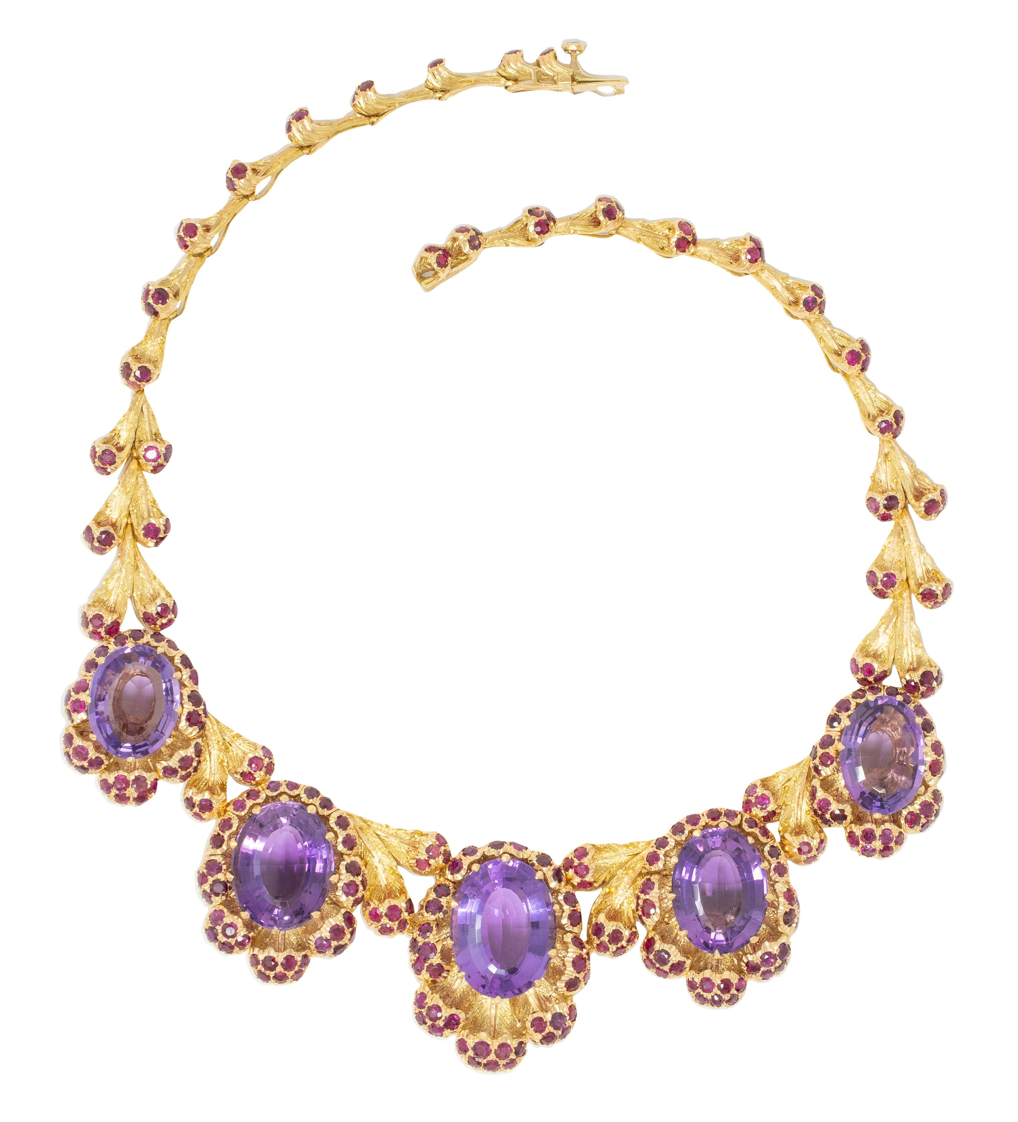 Buccellati 1960 132.76 CTW Amethyst Ruby 18K Gold Vintage Floral Collar Necklace