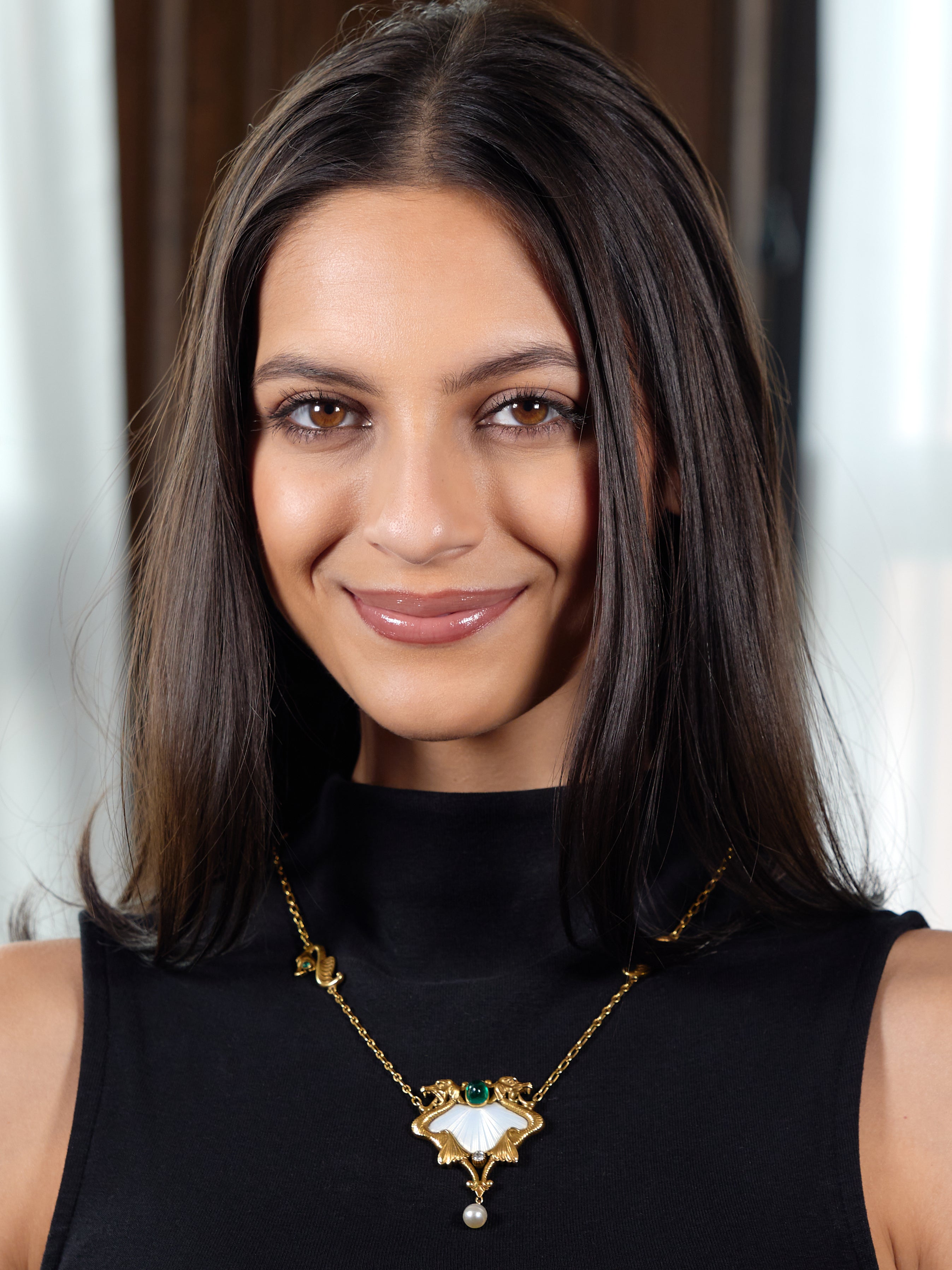 Art Nouveau Diamond Emerald Enamel Pearl 14 Karat Yellow Gold Antique Dragon Necklace