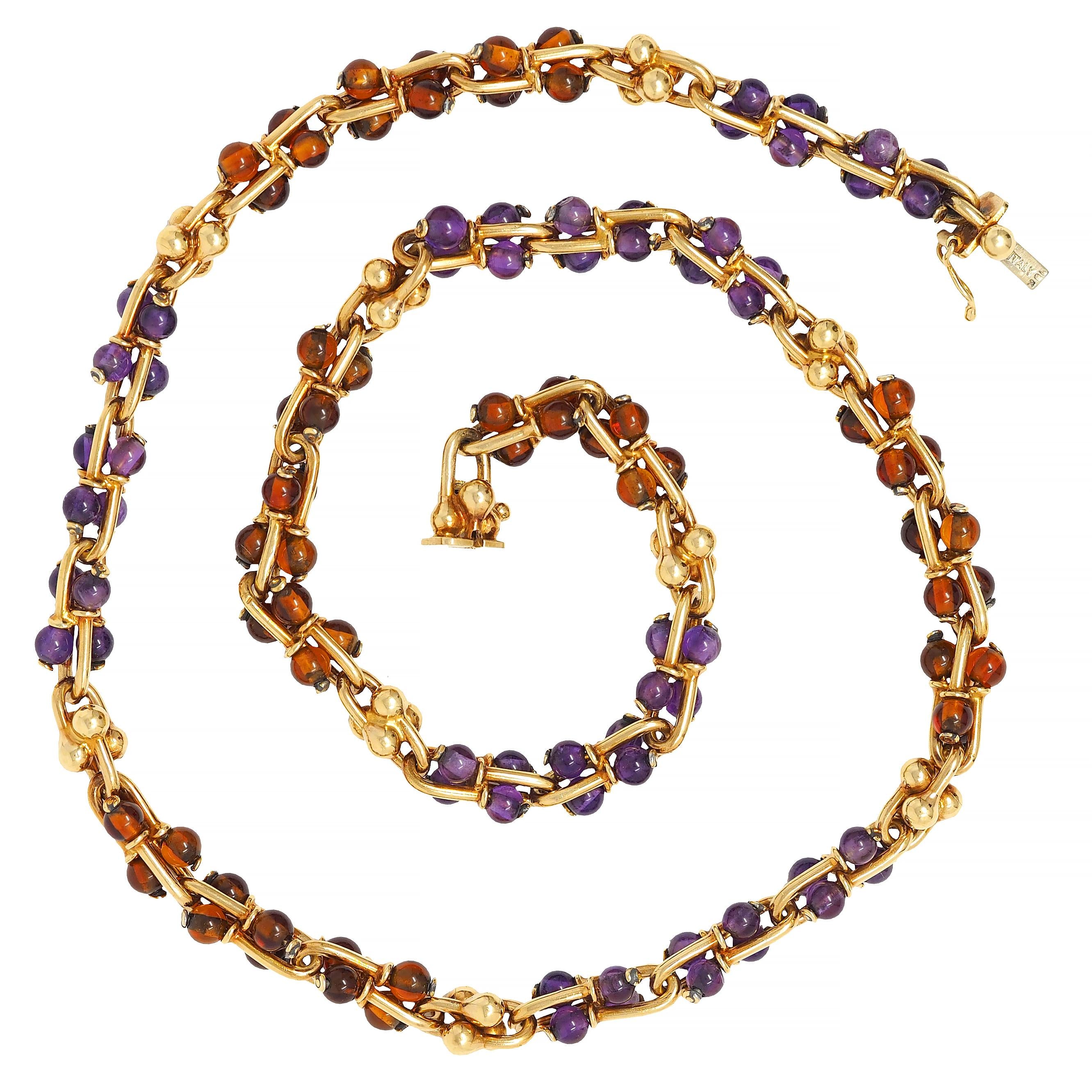 Bulgari 1990s Amethyst Citrine 18K Gold Vintage Beaded Gauge Link Necklace