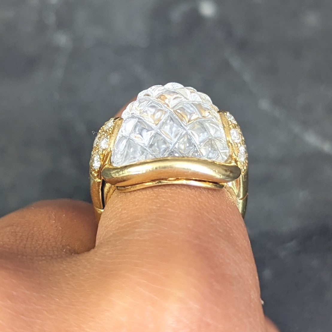 Sabbadini 1980's 0.56 CTW Diamond Carved Rock Crystal Quartz 18 Karat Yellow Gold Vintage Ring Wilson's Estate Jewelry