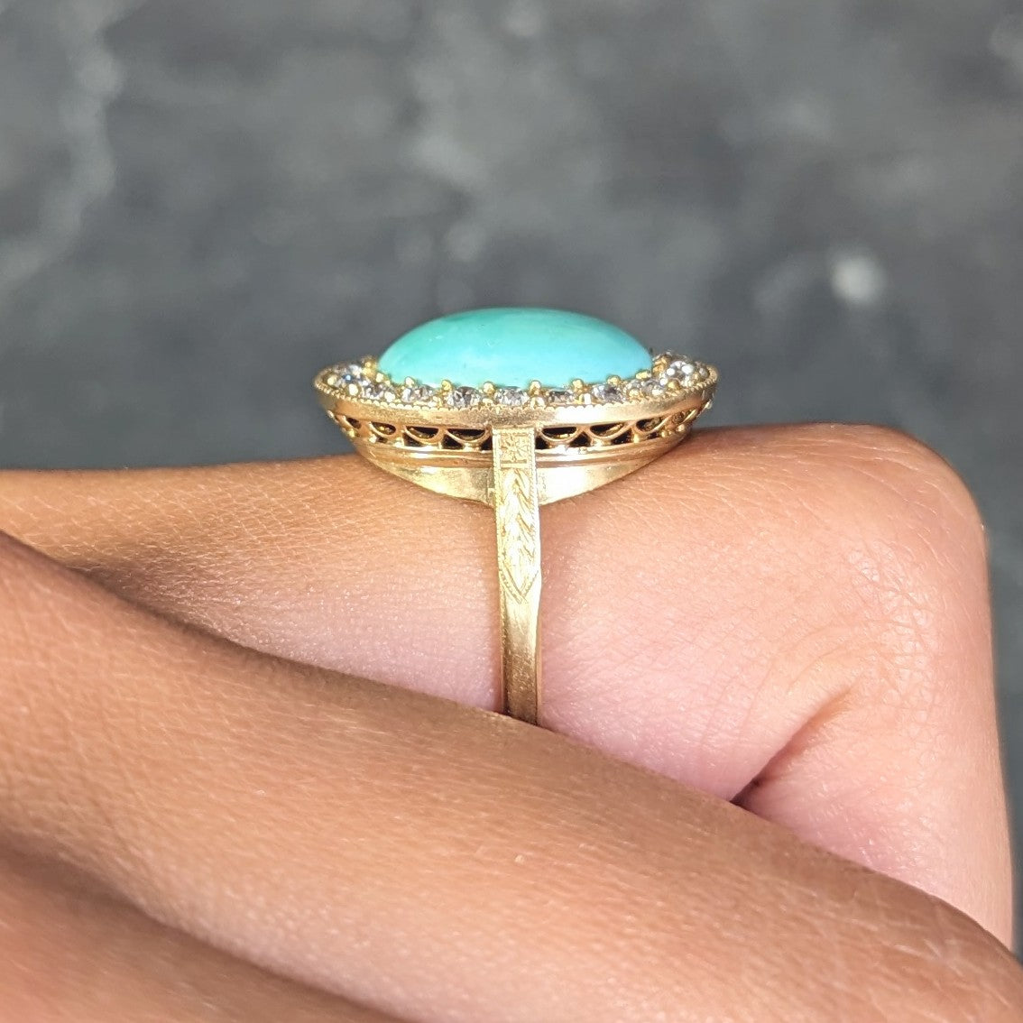 Art Deco Diamond Turquoise Cabochon 14 Karat Gold Vintage Cluster Halo Ring Wilson's Estate Jewelry