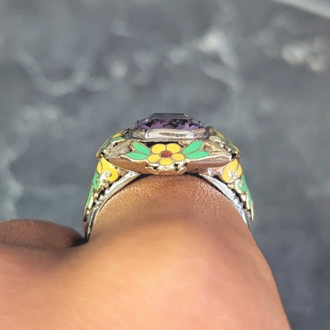 Art Deco Amethyst Enamel 14 Karat Two-Tone Gold Orange Blossom Vintage Ring Wilson's Estate Jewelry