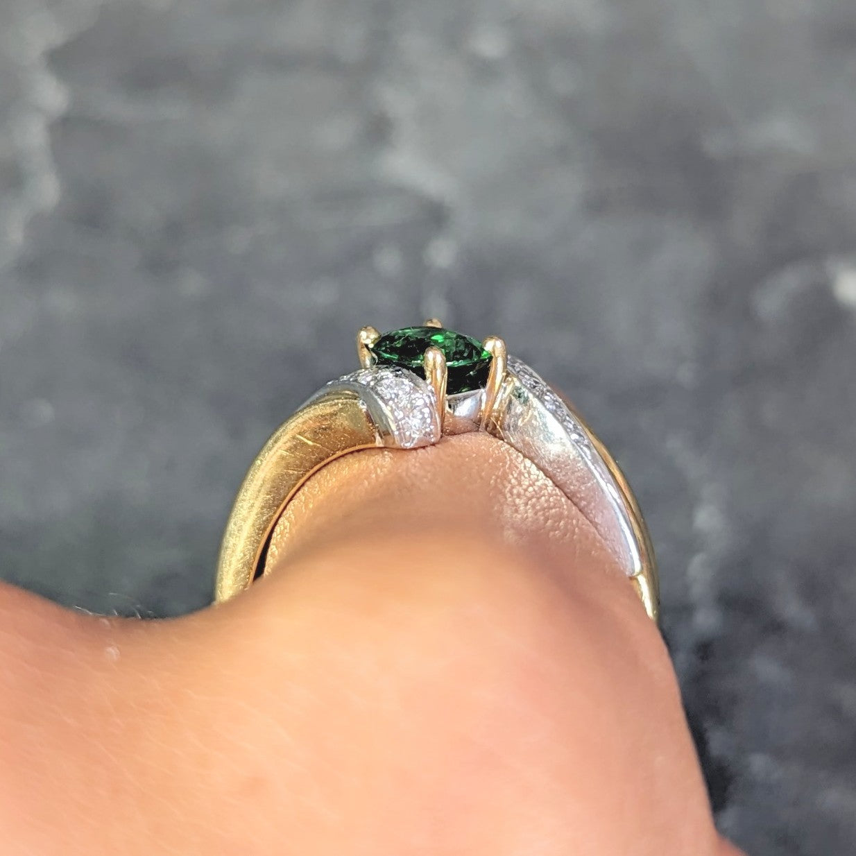 1980s 1.65 CTW Tsavorite Garnet Diamond 18 Karat Two-Tone Gold Bypass Ring Wilson's Estate Jewelry