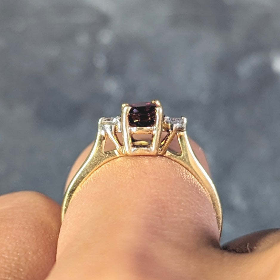 1990's 0.98 CTW Ruby Diamond 18 Karat Yellow Gold Three Stone Vintage Ring Wilson's Estate Jewelry