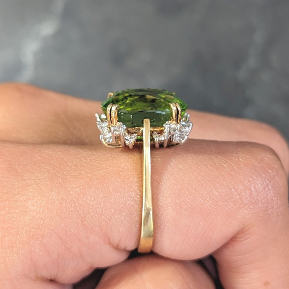 Mid-Century 9.37 CTW Peridot Diamond Platinum 18 Karat Gold Vintage Cluster Ring Wilson's Estate Jewelry