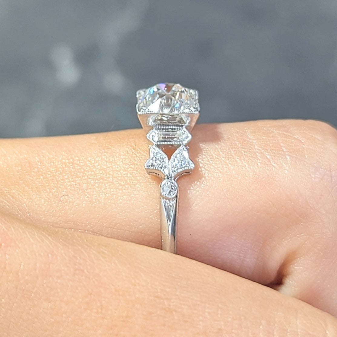 Art Deco 1.69 CTW Old European Diamond Platinum Foliate Vintage Engagement Ring Wilson's Estate Jewelry