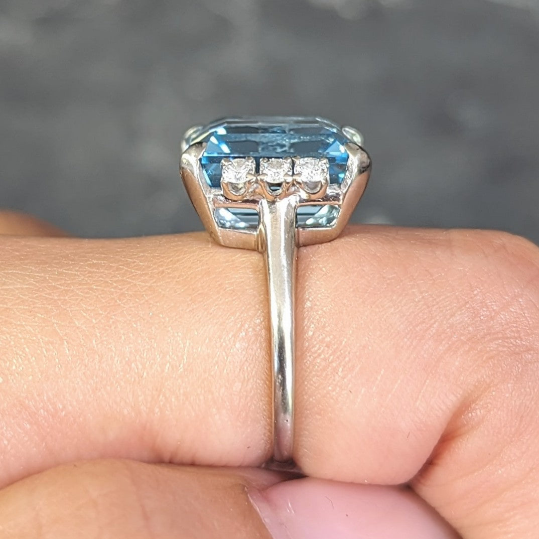 Mid-Century 9.41 CTW Aquamarine Diamond 14 Karat White Gold Vintage Cocktail Ring Wilson's Estate Jewelry