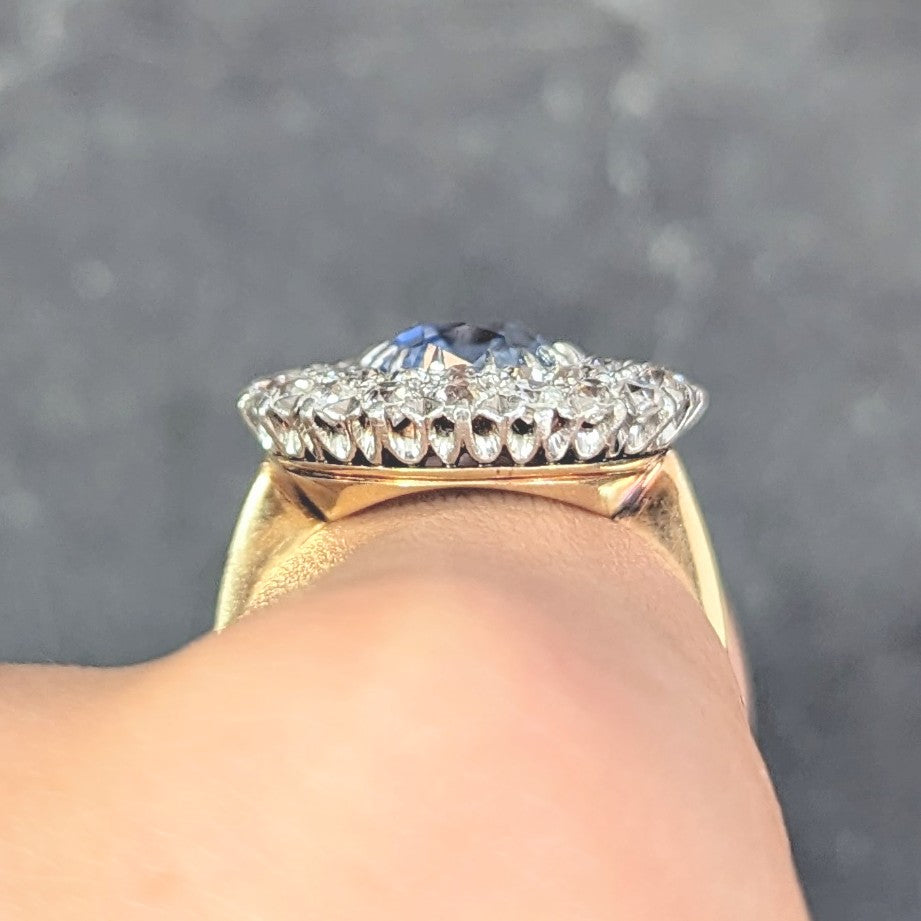 Edwardian 5.79 CTW No Heat Ceylon Sapphire Diamond Platinum 14 Karat Gold Double Halo Antique Ring GIA Wilson's Estate Jewelry