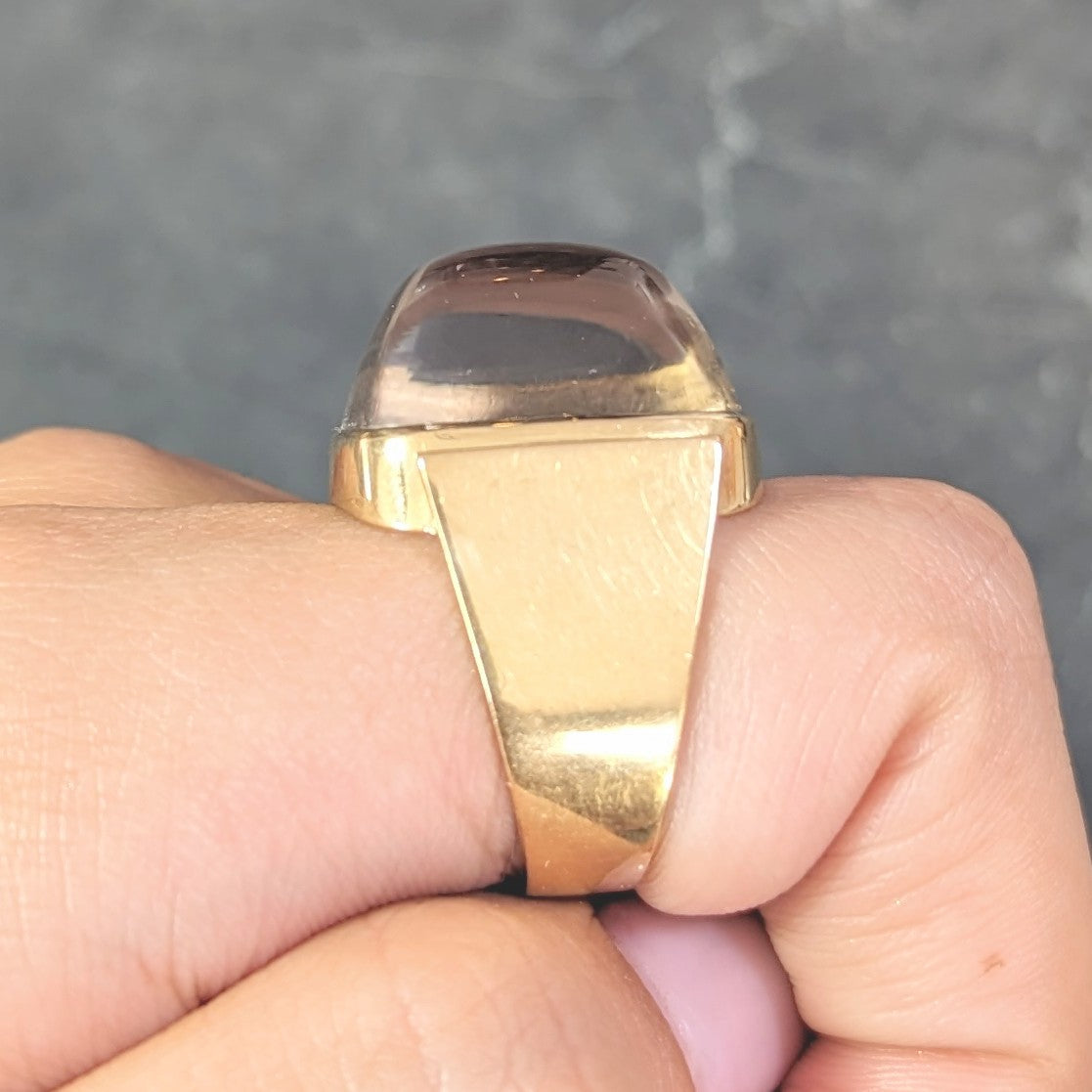 Modernist Smoky Quartz Sugarloaf Cabochon 18 Karat Yellow Gold Vintage Ring Wilson's Estate Jewelry