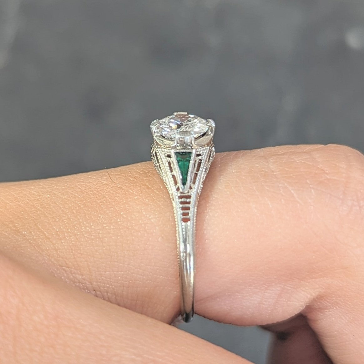 Art Deco .65 CTW Old European Cut Diamond Emerald 18 Karat White Gold Greek Key Vintage Engagement Ring Wilson's Estate Jewelry