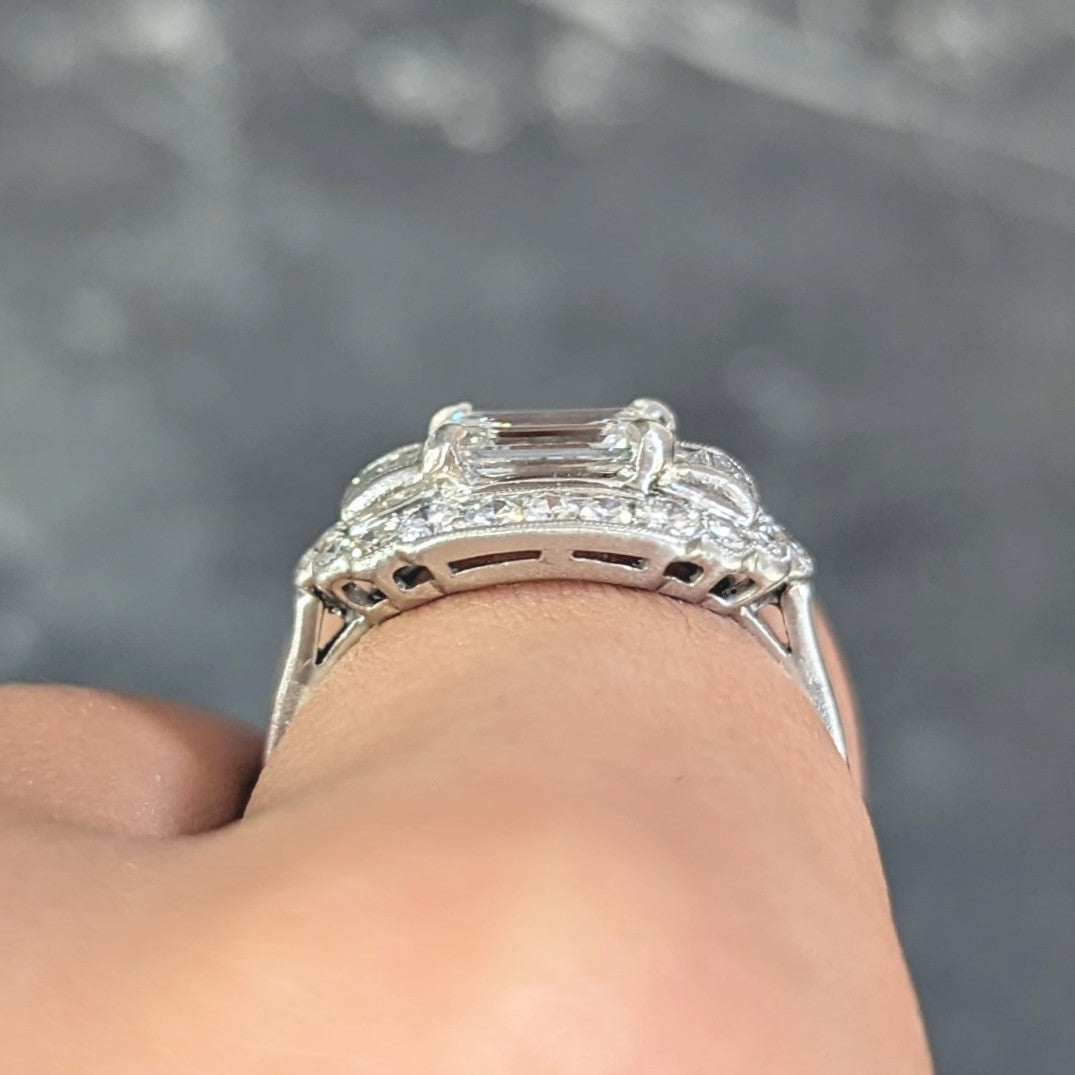 Mid-Century 1.85 CTW Emerald Cut Diamond Platinum Halo Vintage Dinner Ring GIA Wilson's Estate Jewelry