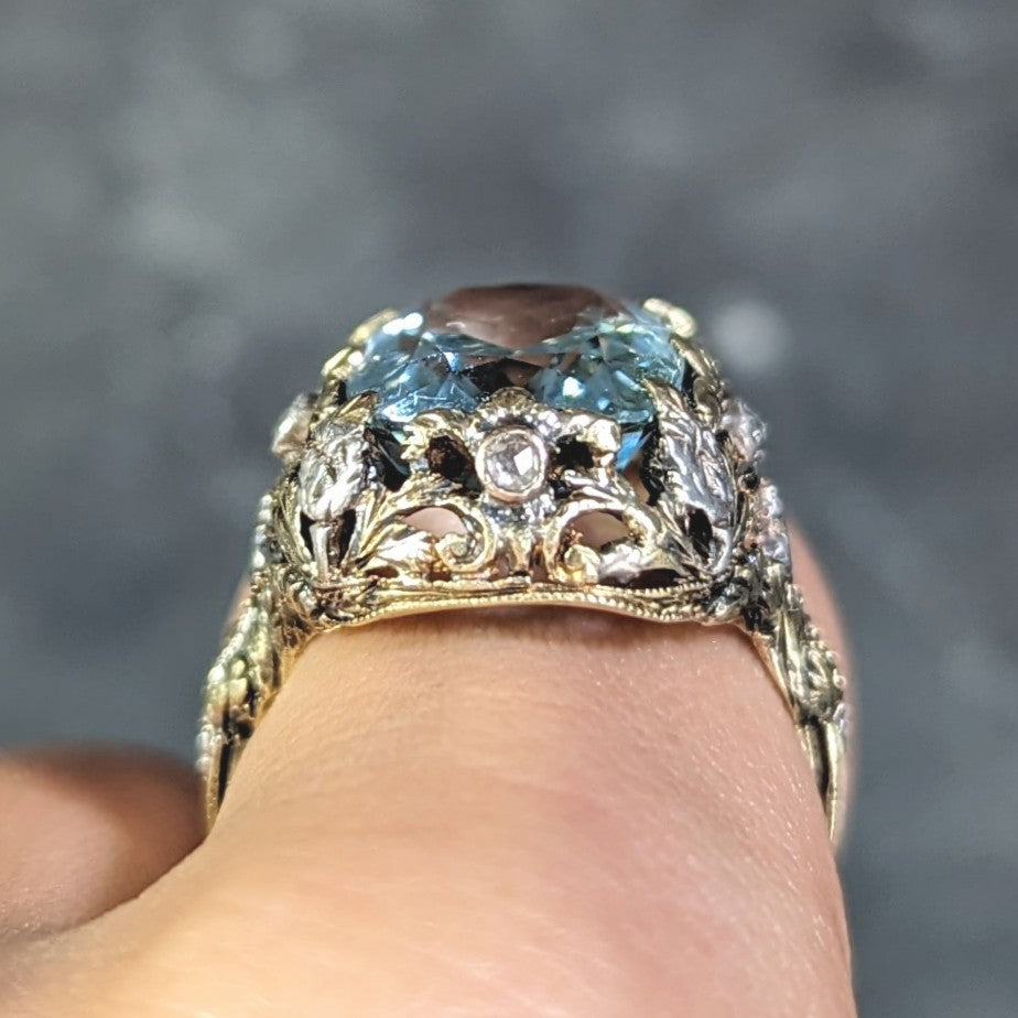 Victorian 6.52 CTW Aquamarine Diamond 14 Karat Gold Silver Floral Antique Ring Wilson's Estate Jewelry