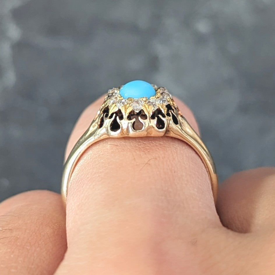 Victorian Old Mine Cut Diamond Turquoise 14 Karat Gold Oak Antique Halo Ring Wilson's Estate Jewelry