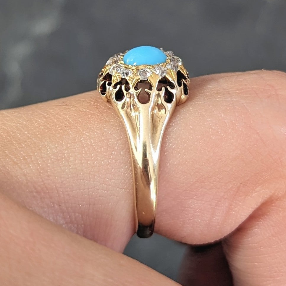 Victorian Old Mine Cut Diamond Turquoise 14 Karat Gold Oak Antique Halo Ring Wilson's Estate Jewelry