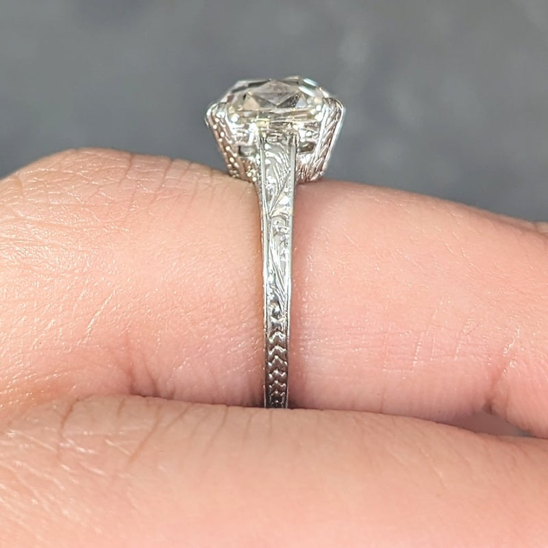 Art Deco 2.69 CTW Old Mine Cut 18 Karat White Gold Volute Antique Engagement Ring GIA Wilson's Estate Jewelry