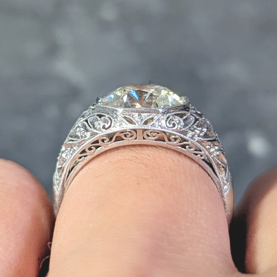 Art Deco 3.03 CTW Old European Cut Diamond Platinum Scrolling Foliate Vintage Engagement Ring GIA Wilson's Estate Jewelry