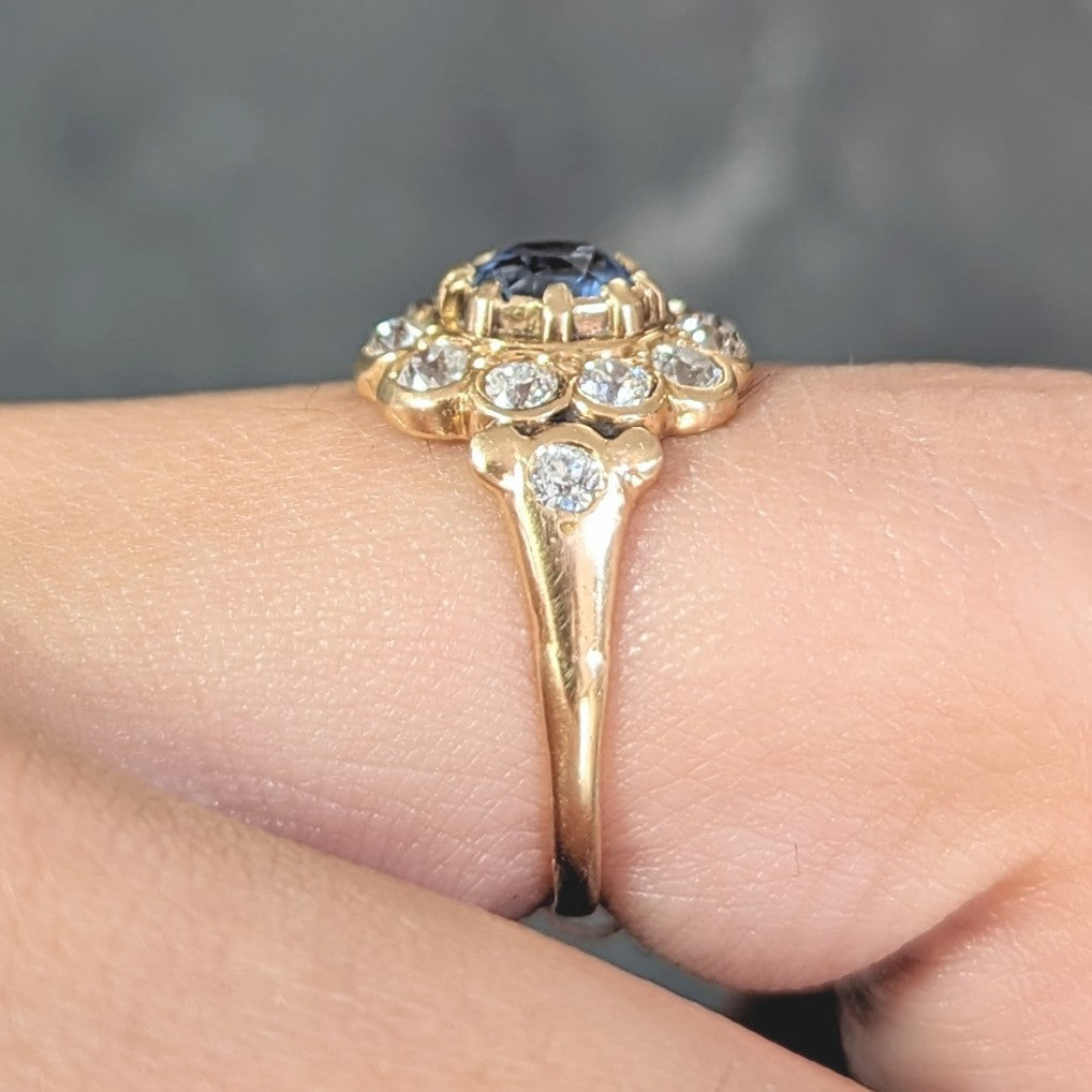 Victorian 1.37 CTW Sapphire Diamond 14 Karat Yellow Gold Antique Halo Ring Wilson's Estate Jewelry