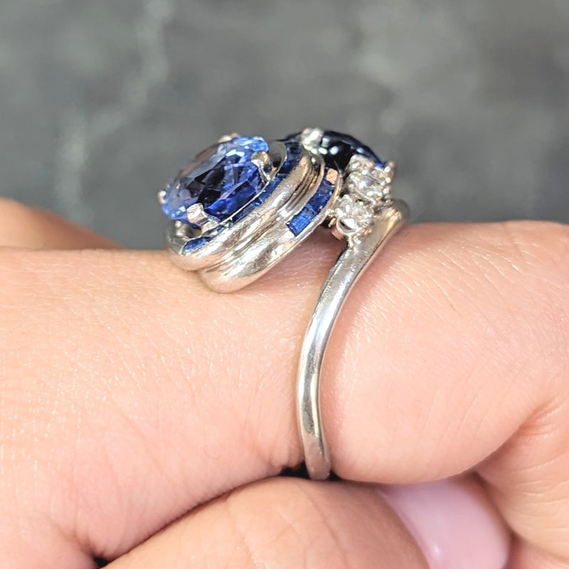 Mid-Century 10.59 CTW No Heat Ceylon Sapphire Diamond Platinum Bypass Vintage Ring GIA Wilson's Estate Jewelry