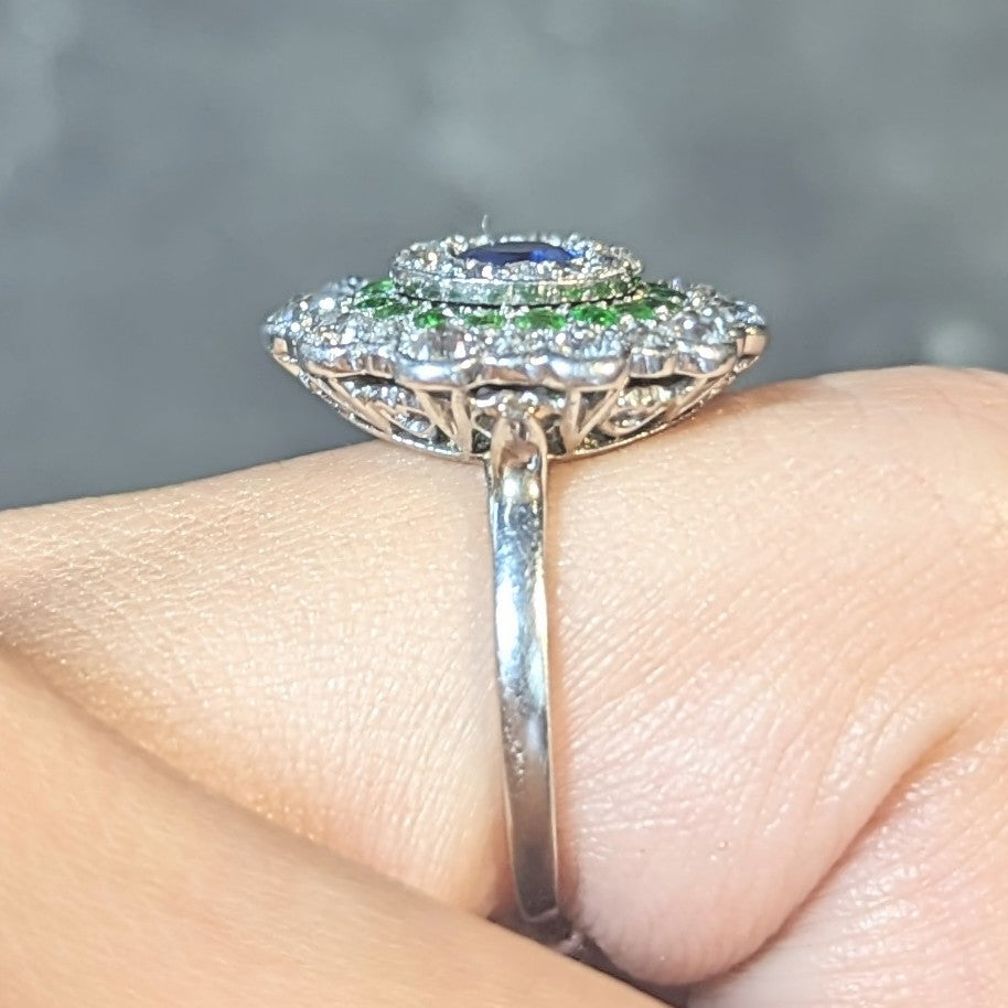 Art Deco 2.15 CTW Sapphire Demantoid Garnet Diamond Platinum Vintage Triple Halo Ring Wilson's Estate Jewelry