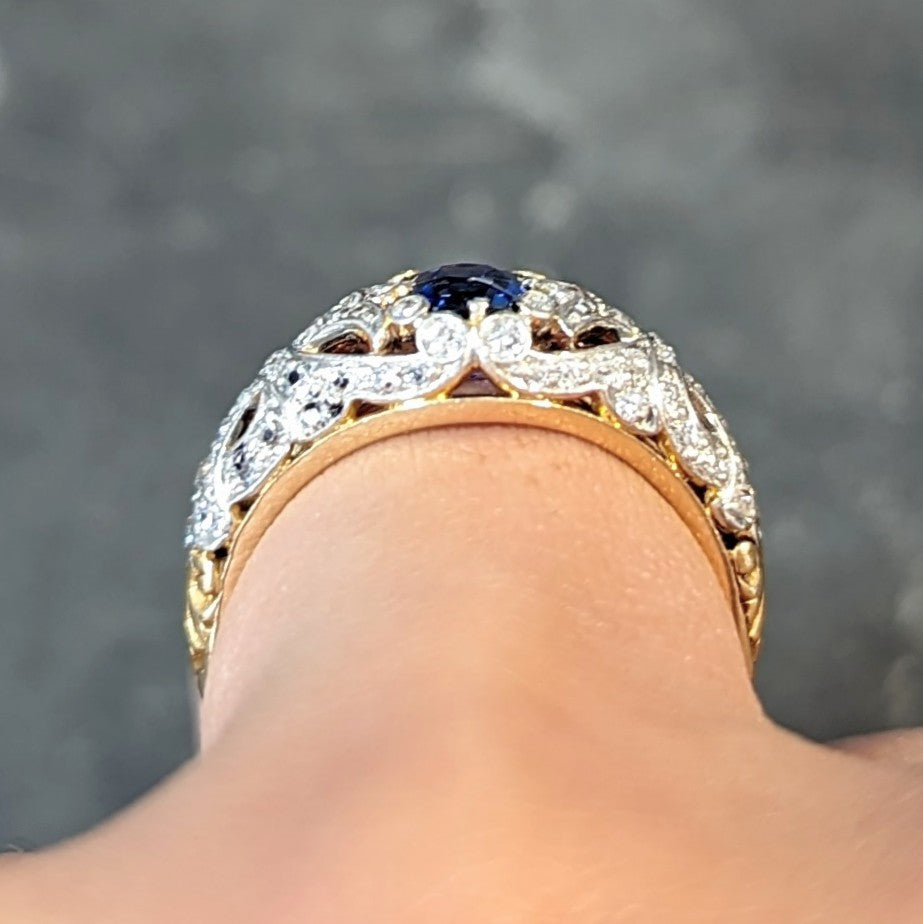 Edwardian 1.36 CTW No Heat Kashmir Sapphire Diamond Platinum 18 Karat Gold Fleur-De-Lis Antique Ring GIA Wilson's Estate Jewelry