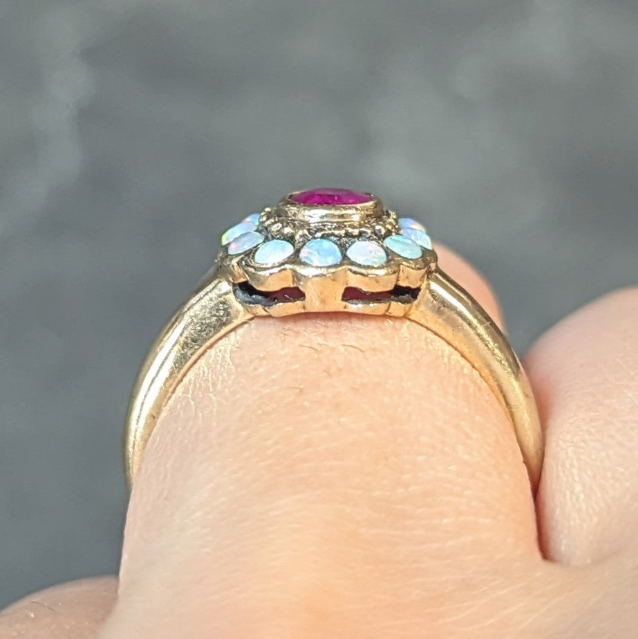 Victorian Ruby Opal 9 Karat Yellow Gold Antique Halo Ring Wilson's Estate Jewelry