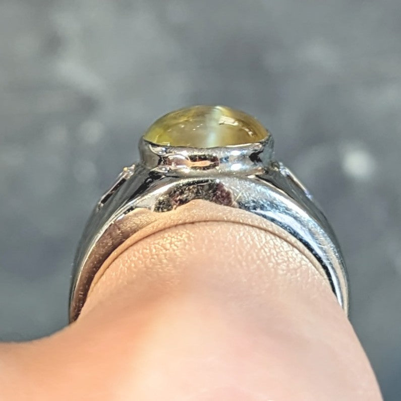 1960's Cat's Eye Chrysoberyl Diamond 14 Karat White Gold Three Stone Ring Wilson's Estate Jewelry