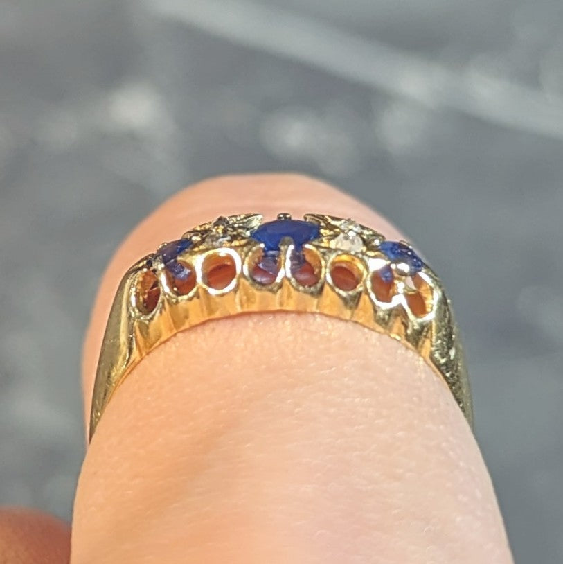 Victorian 1890 Sapphire Diamond 18 Karat Yellow Gold Antique Three Stone Belcher Band Ring Wilson's Estate Jewelry