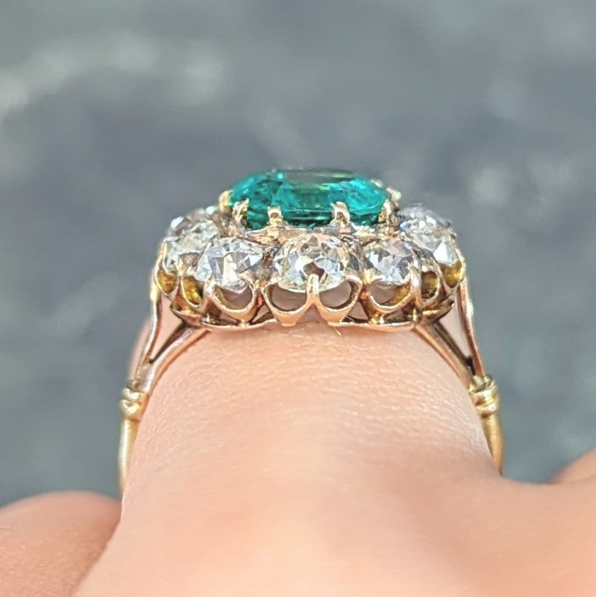 Victorian 4.28 CTW Colombian Emerald Diamond 14 Karat Yellow Gold Antique Halo Ring GIA Wilson's Estate Jewelry