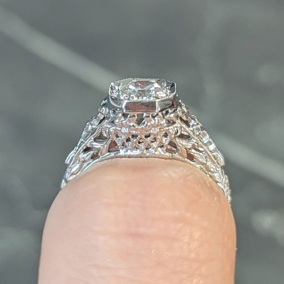 Edwardian 0.45 CTW Old European Diamond Platinum Bow Basket Antique Engagement Ring Wilson's Estate Jewelry