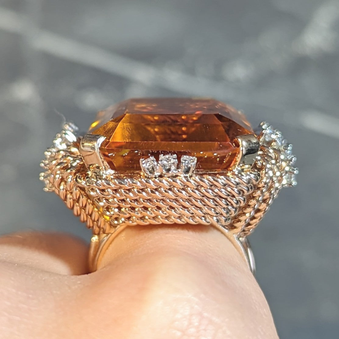 Retro 42.98 CTW Citrine Diamond 14 Karat Two-Tone Gold Rope Vintage Cocktail Ring Wilson's Estate Jewelry