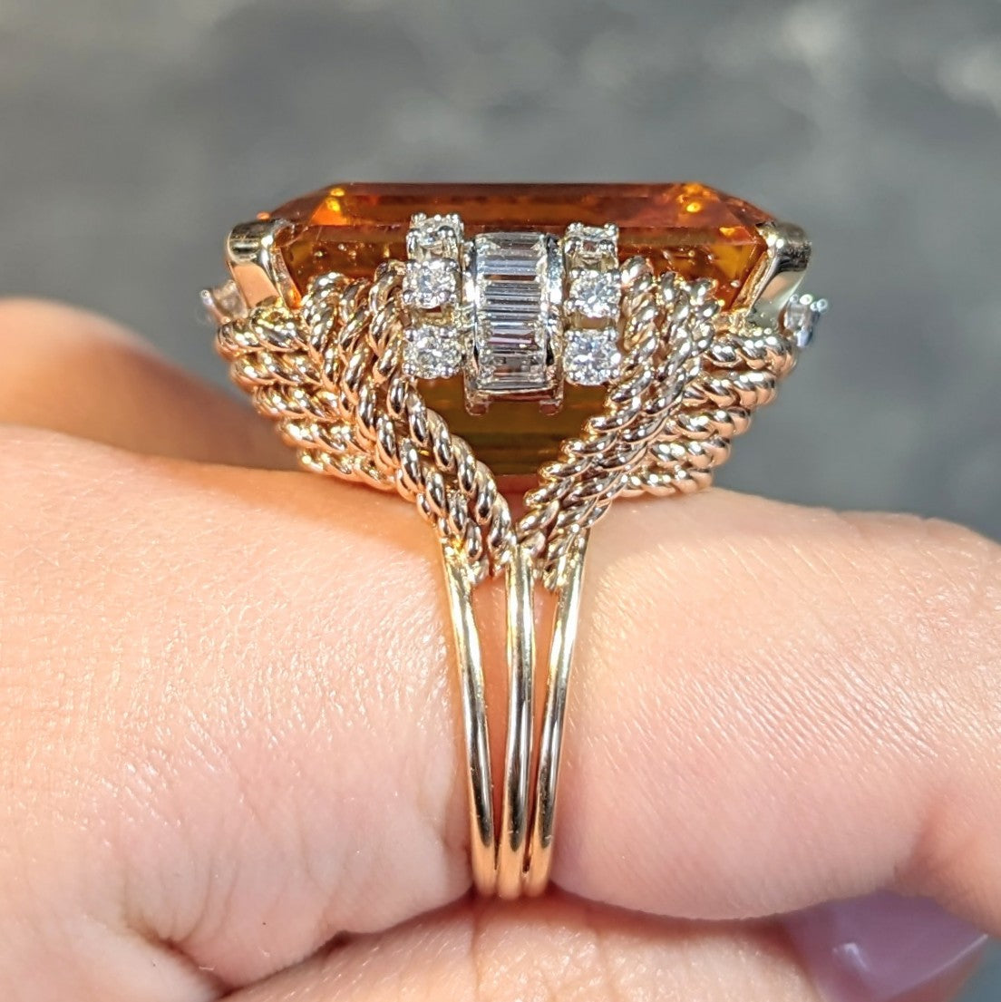 Retro 42.98 CTW Citrine Diamond 14 Karat Two-Tone Gold Rope Vintage Cocktail Ring Wilson's Estate Jewelry