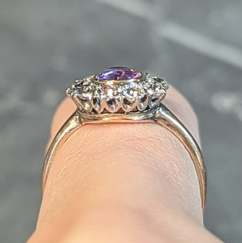 Edwardian Pink Sapphire Diamond Platinum 18 Karat Gold Antique Halo Cluster Ring Wilson's Estate Jewelry