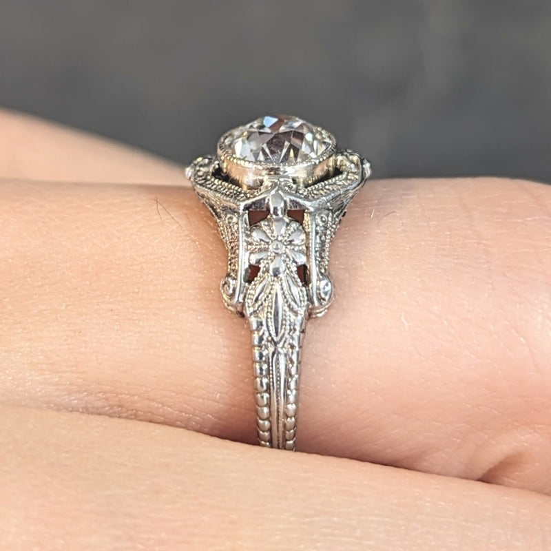 Art Deco 1.19 CTW Diamond 18 Karat White Gold Floral Engagement Ring GIA Wilson's Estate Jewelry