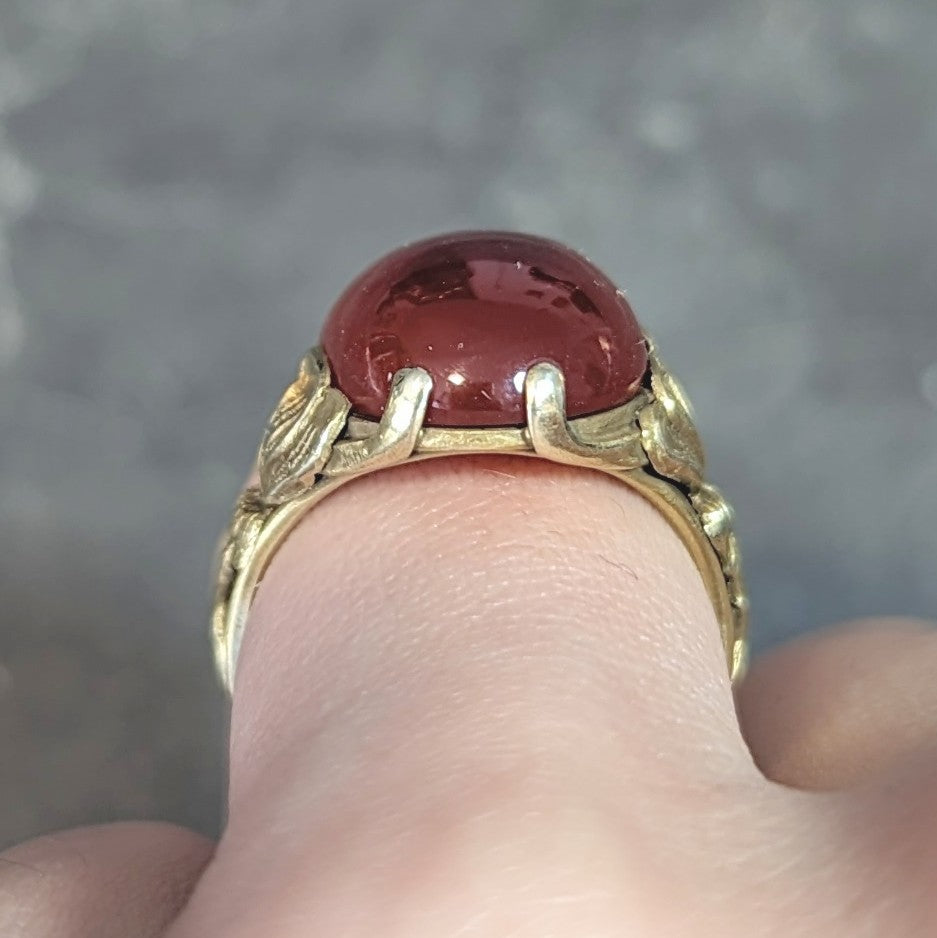 Art Nouveau Carnelian Cabochon 14 Karat Yellow Gold Antique Poppy Ring Wilson's Estate Jewelry