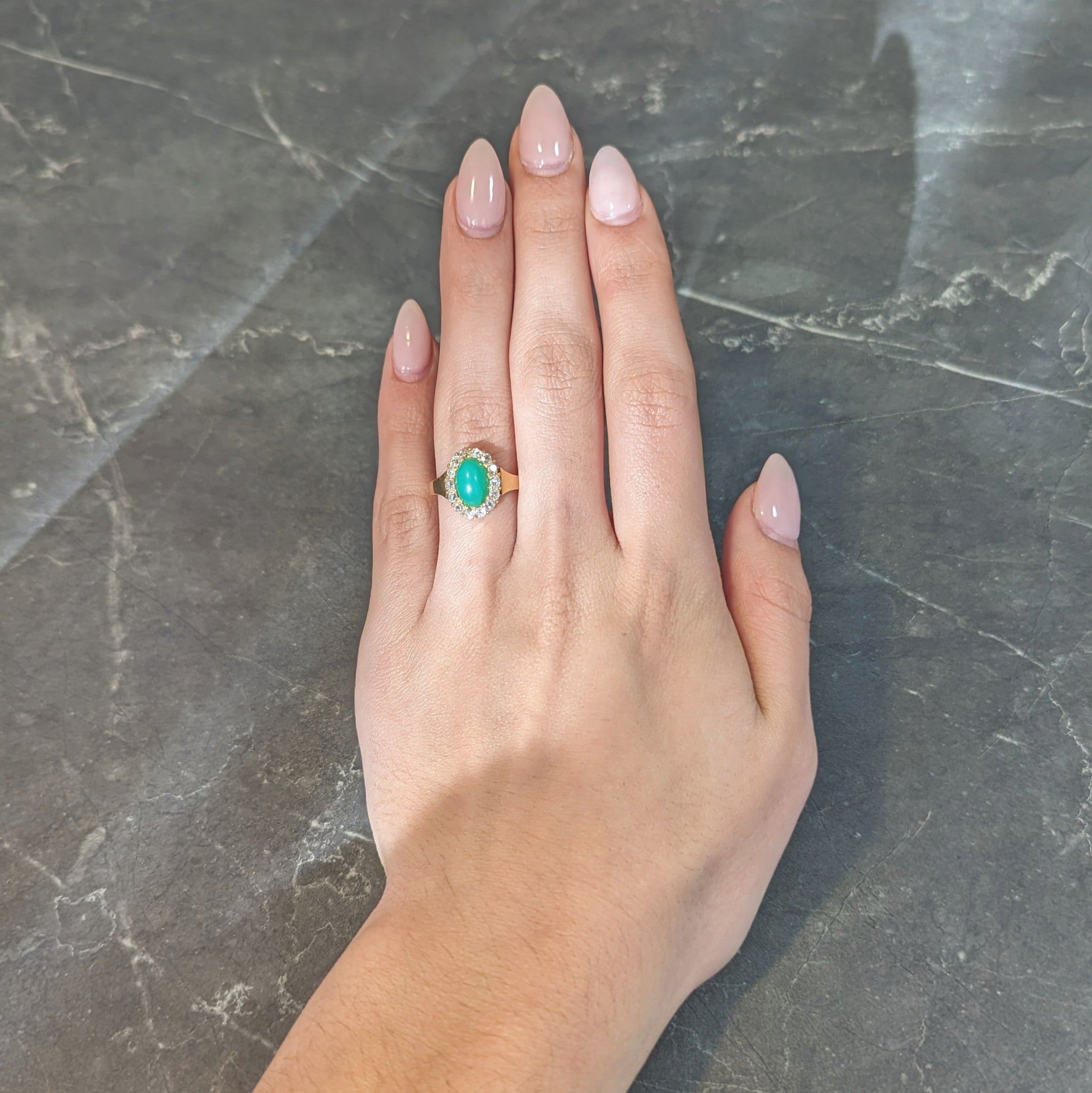 Modernist Chrysoprase Diamond 18 Karat Yellow Gold Vintage Halo Ring Wilson's Estate Jewelry