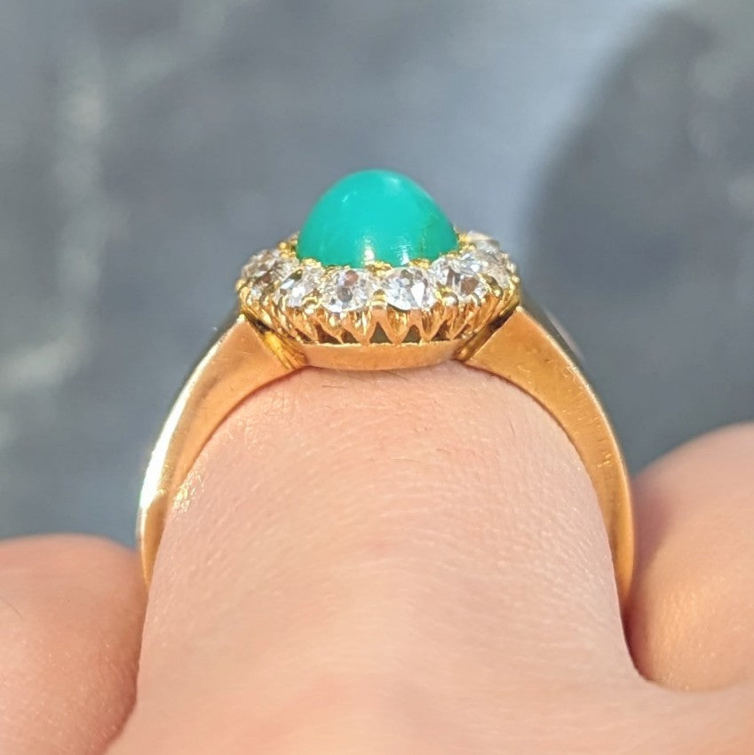 Modernist Chrysoprase Diamond 18 Karat Yellow Gold Vintage Halo Ring Wilson's Estate Jewelry